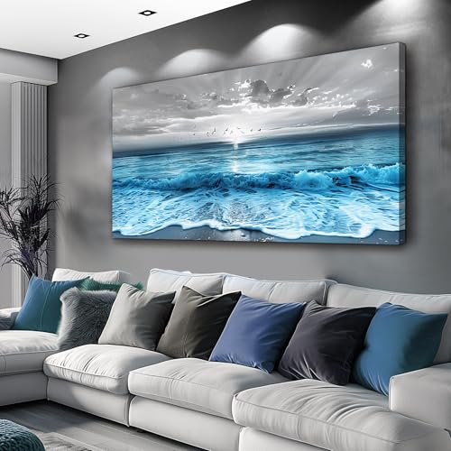 ERQINHUA Large Canvas Printed Artworks Mural Wall Decor For Living Room Wall Art For Bedroom Office Restaurant Decoration Blue Sea Wave Ocean Paintings Beach Wall Pictures Modern Home Decor 30"X60"