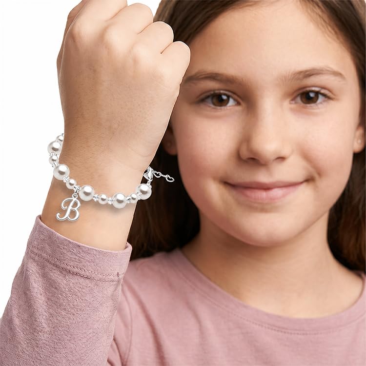 Image of Baby Crystals Personalized White Pearl Bracelets for Girls, Sterling Silver Initial & Cross Charm, Created with Swarovski Pearls and Crystals, Baptism, Communion, Christening Jewelry Gift
