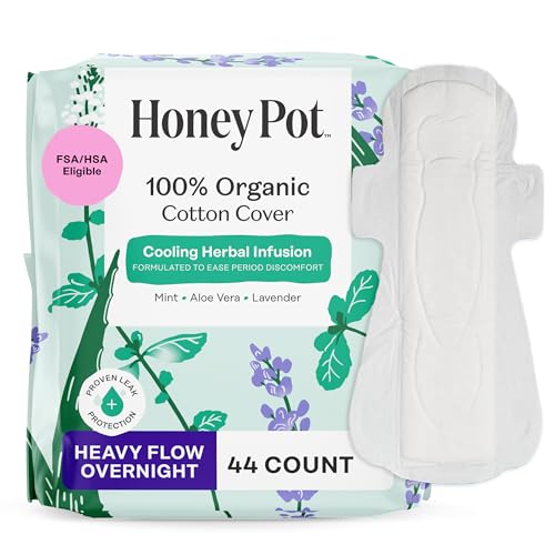 Image of The Honey Pot Company - 44ct - Herbal Sanitary Pads for Women - Heavy Flow Overnight w /Wings - Infused w /Essential Oils for Cooling Effect & Organic Cotton Cover - Feminine Care