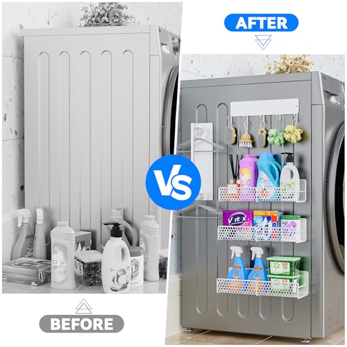 JulktLli 5 Pack Multifunctional Magnetic Shelves for Washing Machine & Refrigerator - Heavy Duty Laundry Room Organization System with Tool Hooks, Metal Storage Baskets (White) — view 3