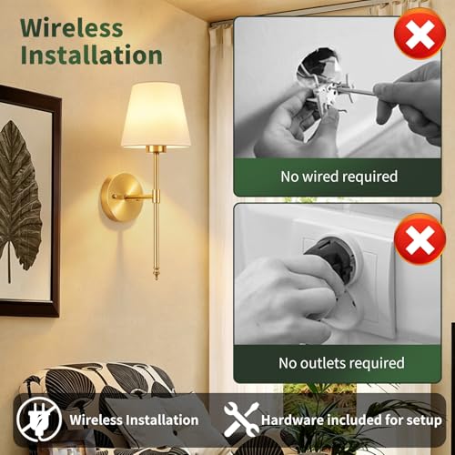 Image of Battery Operated Wall Sconces Set of 2, Wireless Battery Wall Light with 5200mAh Dimmable Bulbs with Remote,RGB15 Colors Wireless Wall Lamps for Bedroom Living Room Hallway Decor-Brass Gold