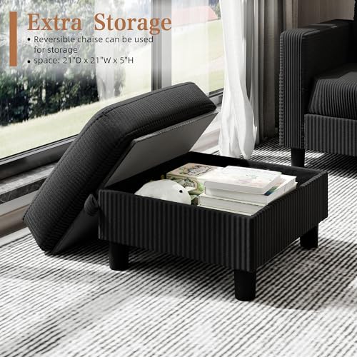 Shintenchi 76" Modern Upholstered Sectional Sofa, L-Shaped Couch with Storage Ottoman and Reversible Chaise for Living Room, Black Linen Fabric - Image 8