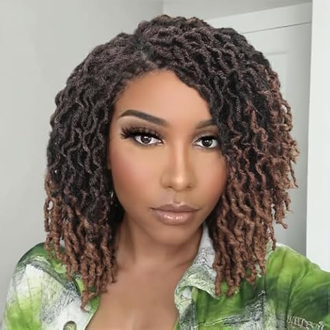 Fancy Hair Dreadlock Wig Short Faux Locs Wig Ombre Brown Side Part Braided Twist Afro Curly Synthetic Dreadlock Wigs for Black Women (1B30#) Cover