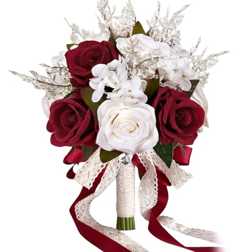 SilkRoselw 9 Inch Burgundy Wedding Bouquets for Bride Bridesmaid, Dark Red White Champagne Artificial Fake Roses Flowers Bridal Bouquet Winter Fall Boho Rustic Wedding Decoration Toss Bouquet Prom