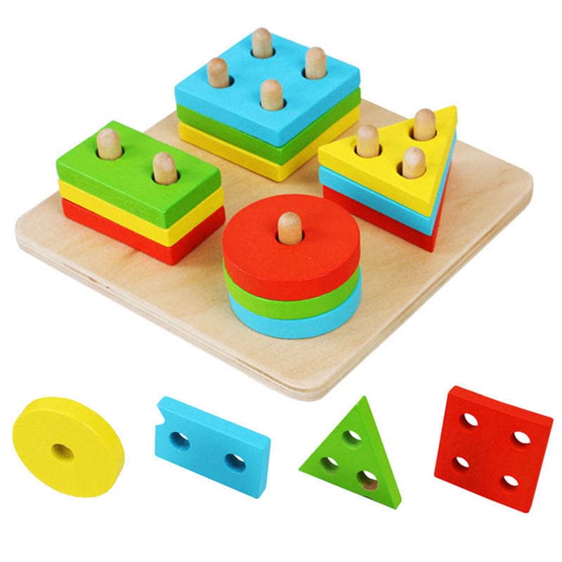 Image of PLUSPOINT Wooden Stackable Blocks & Shape Sorting Board Geometric Shape Stacker Wooden Toy Early Childhood Development Toys for Fine Motor Skills, 16 Pcs