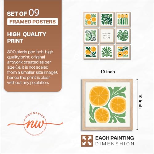 Image of NoWorries Wall Paintings Set of 9 Framed for Living Room | Botanical Citrus Leaf Floral Quote Wall Art, Modern Square Gallery Wall Decor for Bedroom, Dining Room, Office & Home Decoration (Art-7, Frame Size-10x10 inches)