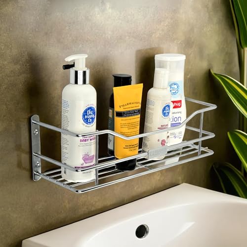Image of Kuber Industries Stainless Steel Bathroom Shelf for Wall - Washroom Organizer Shampoo Holder Stand & 12 Inch Kitchen Storage Rack - Silver
