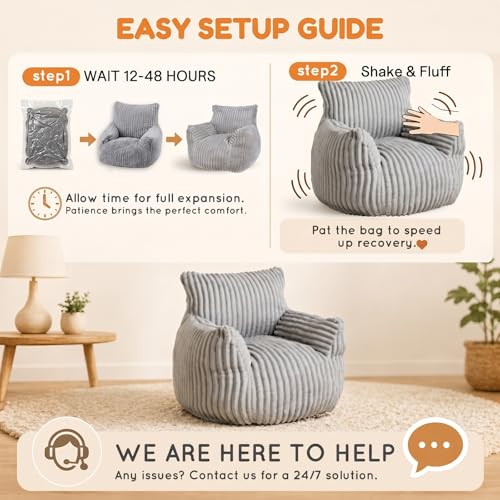 MaxiBean Bean Bag Chair — Plush Faux Fur Memory Foam, Ultra Soft Floor Lounger for Bedroom, Dorm, Playroom & Small Spaces (Small Stripe Grey) by MaxiBean - Used condition - Image 8