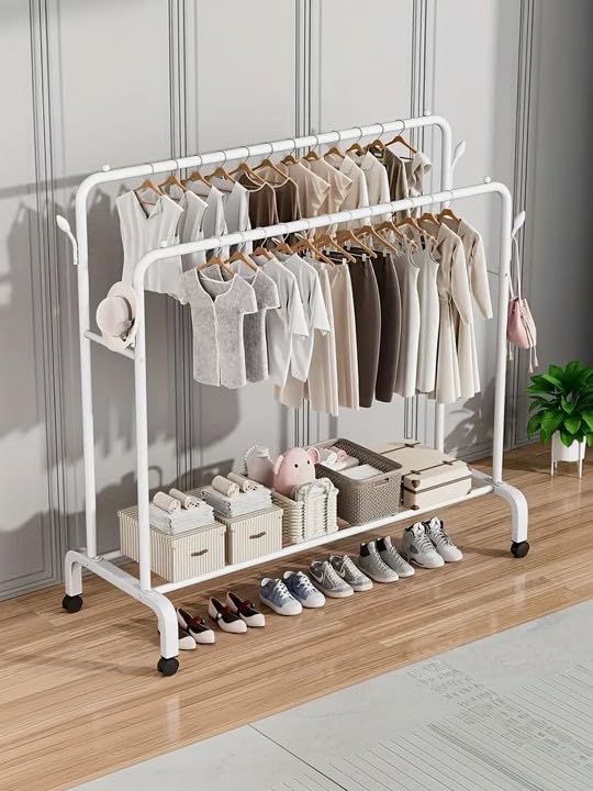 Image of Owme Heavy Duty Metal Garment Rack with Wheels | Portable Clothes Hanging Stand | Rolling Clothing Rack for Bedroom, Laundry & Retail Store | Space Saving Cloth Stand - WHITE Double Stand