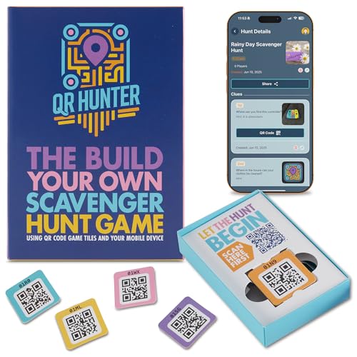 QR Hunter | QR Code Tile Sticker Pack | Includes 5 Treasure Hunt Game Tiles for All Ages | Custom Scavenger Hunts and QR Code Adventure | Free iOS and Android Compatible App Included | Made in the USA
