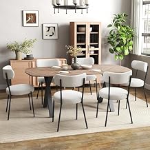 7 Piece Mid Century Modern Oval Wood Dining Set, 71 Rustic Farmhouse Luxury Kitchen Table Set, Large Retro Country Rectangle Dinner Set for 6, White Boucle Chairs, for Home Light Walnut