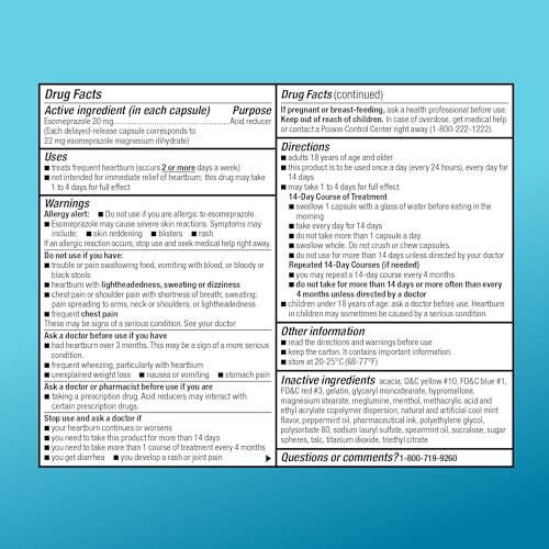 Image of Amazon Basic Care Esomeprazole Magnesium Delayed-Release Capsules 20 mg, Acid Reducer, Treats Frequent Heartburn, Cool Mint Flavor, 24 Hour Heartburn Medicine, 14 Count