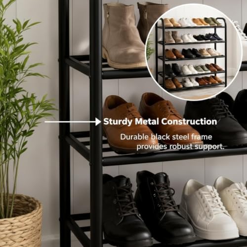 Image of 5-Tier Metal Shoe Rack for Home, Heavy Duty Shoe Stand Organizer, Space Saving Multi-Layer Footwear Storage Shelf for Entryway, Bedroom, Closet & Living Room, Black
