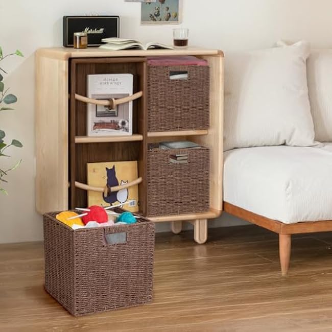 2 Pack 12 inch Wicker Storage Baskets for Shelves, Paper Rope Storage Basket, Foldable Wicker Baskets, Handwoven Square Basket with Built-in Handles for Organizing Shelves (Dark Brown)