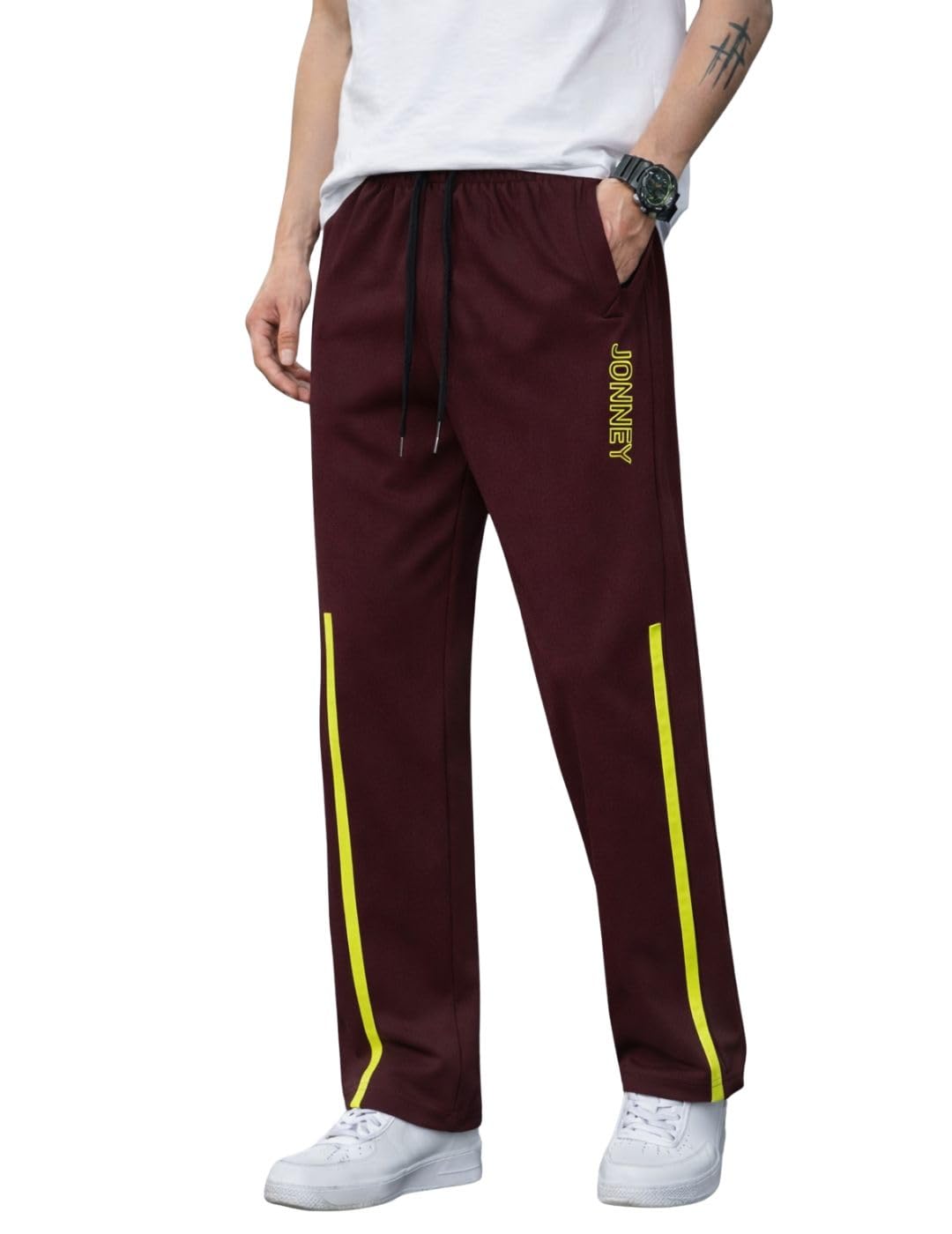 Men’s Light Grey Track Pants with Neon Yellow Side Stripe | Regular Fit Gym & Sports Lower | Activewear Training Joggers with Drawstring-M7961-image-35