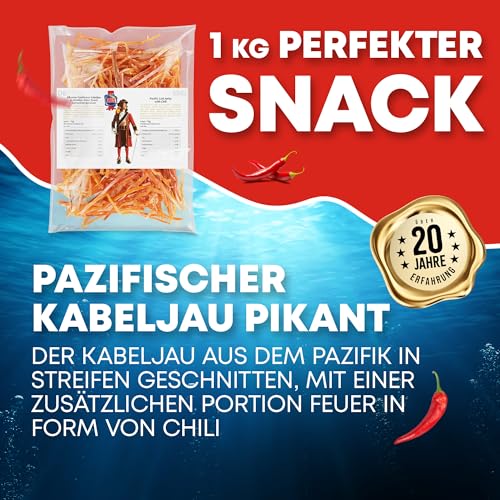 Pazifischer Kabeljau Pikant 1kg - Fisch Jerky I High Protein I Snacks I Trockenfisch Omega 3 I Beef Jerky , Trockenfleisch & Chips Alternative Keto