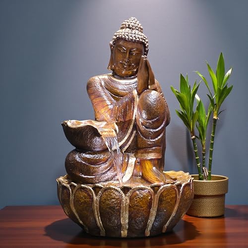 Image of 3 Feet Namaste Buddha Water Fountain for Home & Garden|Fiber Buddha Fountain with LED Light|Indoor Outdoor Fountain for Vastu & Positivity (Bronze, 3 Feet Namaste Buddha Fountain)