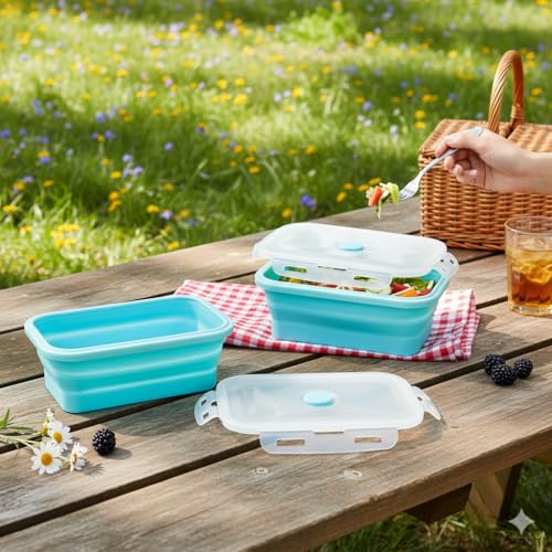 Image of The Better Home | Lunch Boxes | Food Grade Silicone | airtight lid Foldable Lunch Box for Kids | Pack of 2 | 500ml 800ml | Lightweight Microwave Safe | Blue for Office School