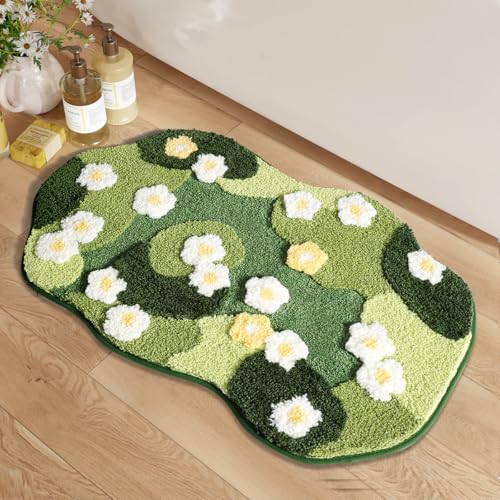 PTAEXCEL Cute Bath Mat Moss Rug Soft Green Bathroom Rug Non Slip Bath Mat Super Absorbent Floral Nature Bathtub Mat Washable for Shower Bathroom Floor (Full Bloom 32 x 20)
