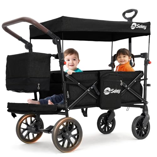 Sekey Bollerwagen Faltbar mit Dach, Kinder Bollerwagen mit XXL PU-Rädern (Ø 24/20 cm) für 1–2 Kinder, Federung & Kugellager, gepolstert & komfortabel, Schiebe- und Ziehgriff, SS8080, Schwarz
