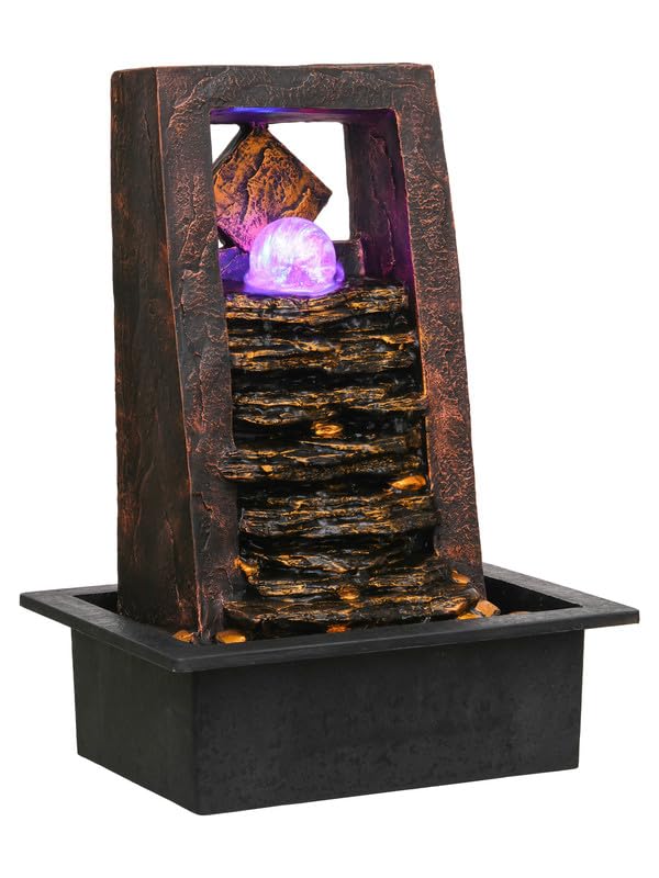 Image of Polyresin Golden Brown Table Top Indoor Waterfall Fountain for Home Decor with Yellow LED, Speed Controller Pump & Crystal Ball (Size: 40.5 x 29.5 x 22CM | Weight: 2240grm)