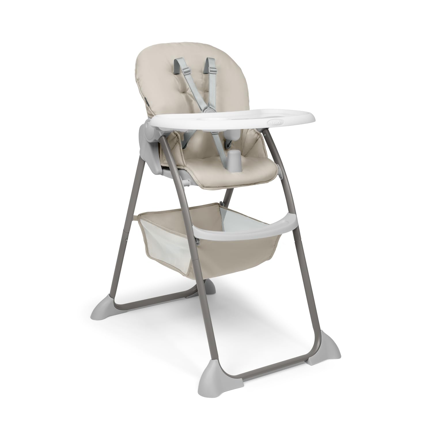hauck Sit N Fold, Beige - Faltbarer Hochstuhl für Kinder ab 6 Monaten bis 15 kg, mit 5-Punkt-Gurt, Rückenlehne & Essbrett Verstellbar, Bechervertiefung & Erhöhter Rand, Großer Korb