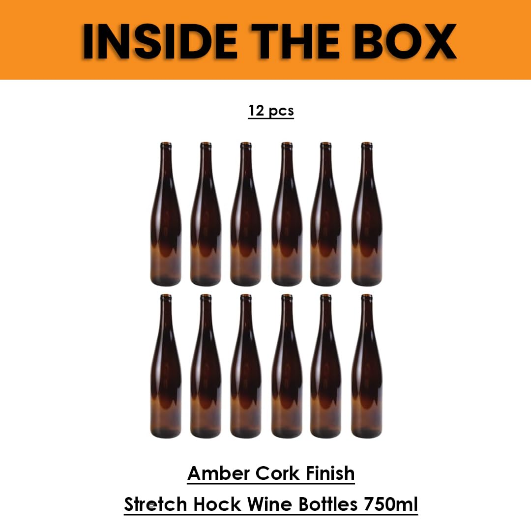FastRack 750ml Amber Glass Wine Bottles (Pack of 12) | W13 Stretch Hock Empty Bottles for Homemade Wine, Kombucha & Beer – Amber Liquor Bottles for Wine Making & Storage – No Corks Included