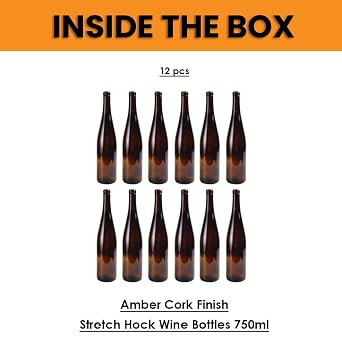 750ml Amber Colored Glass Bottles, W13 Stretch Hock, 12-Pack - NO CORKS