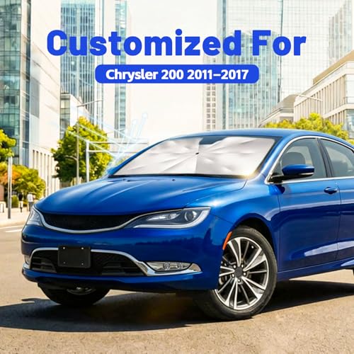 Image of Car Windshield Sun Shade for Chrysler 200 2011-2017 - Reflective Coated Fabric Sunshade Umbrella for Front Window, UV Protection Heat Shield Sun Blocker Heat Reflector, 1:1 Exact Fit Keep Car Cool