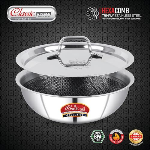 Image of Classic Steels Hexa Comb Triply Stainless Steel Tasla with Steel Lid - 3 LTR (26cm) | Induction & Gas Compatible | Durable, Rust-Free | Healthy Oil-Free Cooking | 2.5mm Thickness