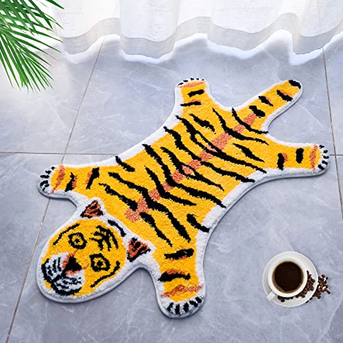 Tiger Shaped Rug Bath Mat for Bathroom, Yellow Tiger Rugs Door Mat Non Slip Cartoon Animal Printed Carpet Absorbent Bathtub Playroom Bathroom Shower Rugs,39.5x23.6inch