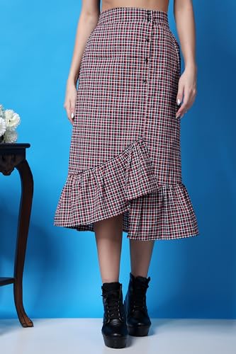 Image of POPWINGS Casual Check Print Long Flare Skirt for Women | Cotton Skirt for Women Skirt for Women