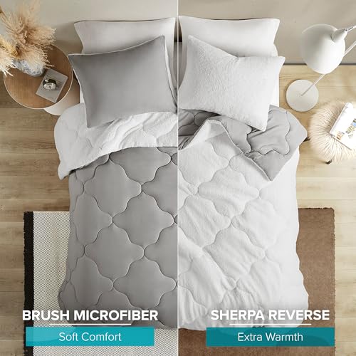 Image of Comfort Spaces Queen Comforter Set, Chic Reversible Quatrefoil Quilting, Sherpa Comforters Queen, All Seasons, Lightweight Microfiber Bedding Set Matching Sham, Vixie, Full /Queen Grey /White 3 Piece