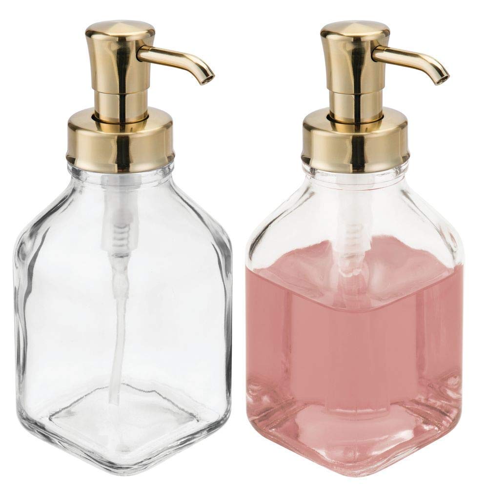 mDesign Set of 2 Refillable Soap Dispenser – Large Liquid Hand Soap Dispenser – Square Plastic and Glass Soap Dispenser Kitchen and Bathroom Accessories – Clear/Soft Brass