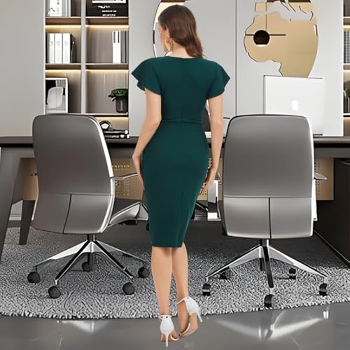 Image of shengfan Women's Sexy Deep V Neck Short Sleeve Ruched Waist Bodycon Wrap Cocktail Midi Dress