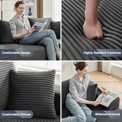 110” Cloud Sectional Couch, Boneless Sofa for Living Room, Modular Sectional Sofa with Deep Seat, Fluffy Couch with L-Shaped Chaise, No Assembly Required (Right-Facing Chaise, Dark Grey)