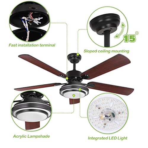 Image of hykolity 52 Inch Ceiling Fans with Lights (Integrated LED) Remote Control, Reversible Motor and Blades, ETL Listed, for Patio Living Room, Bedroom, Office - Black (5-Blades)