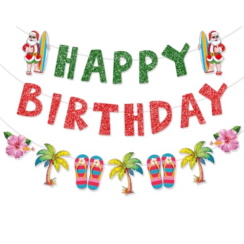 Pre-Strung Christmas Happy Birthday Decorations Banner for Christmas July Red Green Glitter Summer Hawaiian Santa Garland Photo Props Tropical Family Holiday Party Decorations NO DIY