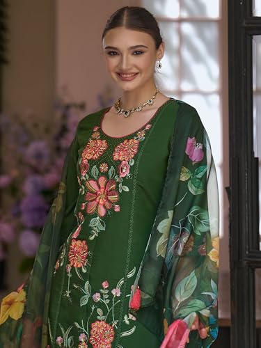 Image of INDO ERA Women's Silk Blend Floral Embroidered Thread Work Kurta & Pant with Dupatta Set (IEOUT13230)