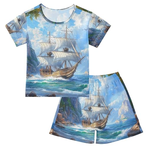 ALAZA Nautical Ship Sea Landscape Pajama Set Short Sleeve Sleepwear Soft Lounge Nightwear