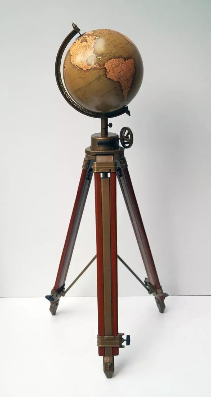 Globe terrestre avec trépied en bois décor moderne carte du monde marron mer