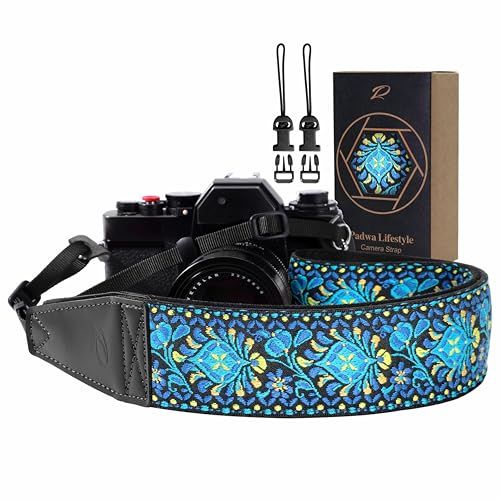 Padwa Lifestyle Camera Strap - 2 Full Grain Leather Ends Camera Straps for Photographers Vintage Embroidered Cotton Weave Soft Suede Fabric Padded Strap Quick Release fits All Cameras