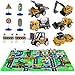 BAKAJI Playset 6 Veicoli da Lavoro Cantiere + Tappeto Gioco 60 x 40 cm Strada Città Giocattoli per Bambini con Camion Muletto Gru Buldozer e Accessori Gioco Segnali Stradali