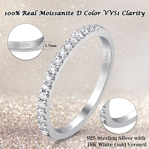 0.45CT Moissanite Eternity Rings for Women D Color VVS1 Clarity Round Created Diamond and 925 Sterling Silver with 18K White Gold Vermeil Size 5-102