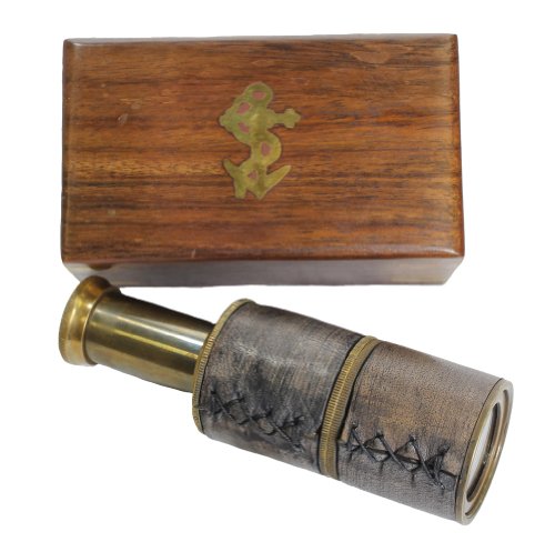 12.7 cm telescopio in ottone tenuto in mano con scatola di legno e ingrandimento 3x: nave nautica