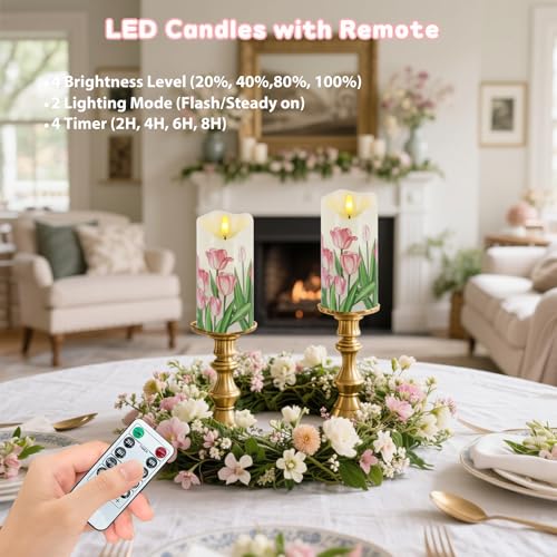 Image of Tulip Flameless Candles Set of 2, 6 inchx3 inch Spring Candles with Remote & Timer | Flickering Real Wax Pillar Candles Battery Operated, Dimmable Electric LED Candles Light for Mother's Day Spring Easter Decor