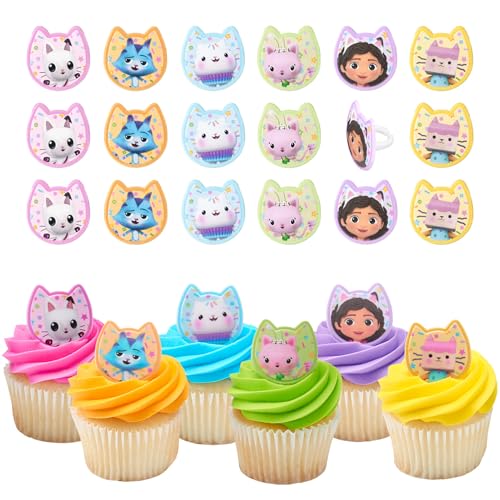 DecoPac DreamWorks Gabbys Dollhouse Rings 24 Cupcake Decorations Featuring Gabby Pandy Paws Irresistible Kitty Characters and Super Fun Adventures! - 24 Pack