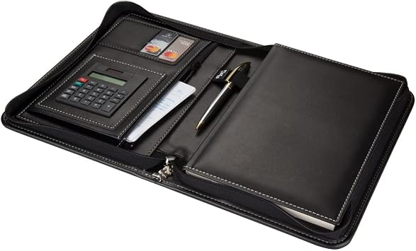 2K 5250 Ajanda Tarihsiz Kareli 17x24 cm Defterli 160 Yaprakl  Fermuarl  Hesap Makineli Suni Deri Organizer,Siyah