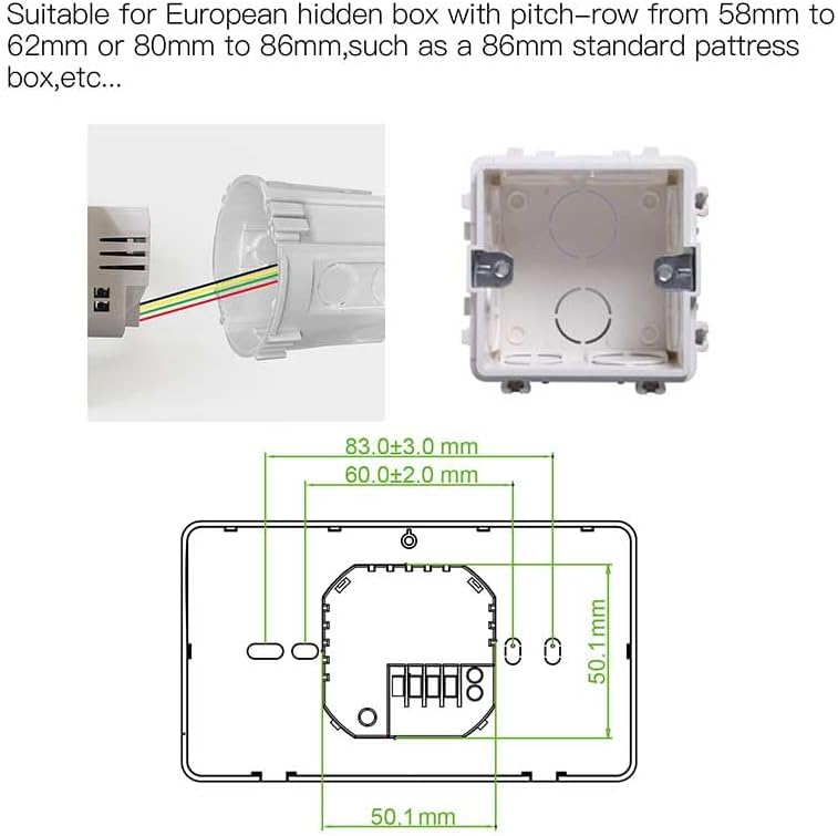 Diagram showing the back mounting plate of the thermostat and a standard European 503 flush-mounted electrical box, indicating compatibility and dimensions for installation.