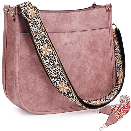 Caitina Crossbody Bag For Women Vegan Leather Hobo Handbag Designer Crossbody Bucket Bag Shoulder Purse For Women with 2 Adjustable Strap(Pink)